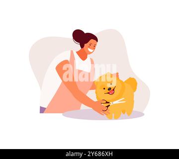 Friseursalon. Mädchenpflege schneidet eine Hundevektor-Illustration Stock Vektor