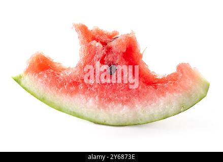 Schneiden Sie Wassermelone mit Biss isoliert auf weißem Hintergrund Stockfoto