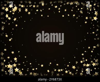 Glänzende fallende goldene Sterne auf schwarzem Hintergrund. Konfetti oder Feuerwerk auf der Party. Vektorabbildung. Stock Vektor