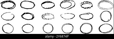 Schwarzer Bleistift hebt Kreise hervor. Handgeschriebene Ellipsen im Kritzelstil. Runde, grobe, dünne Rahmen, die Kinder gezeichnet haben. Vektorsammlung von rundem Freihand Stock Vektor