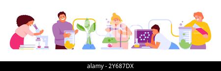 Schülerinnen und Schüler arbeiten in einem chemischen und biologischen Labor. Wissenschaftliches Experiment in der Chemie-Klassenvektorillustration Stock Vektor