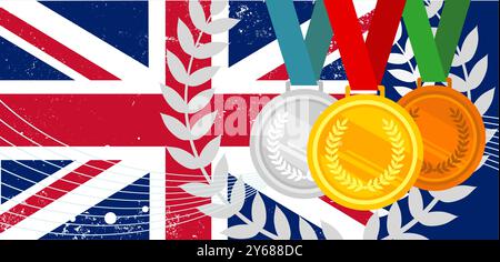 Drei Medaillen Gold, Bronze, Silber auf britischer Flagge Stock Vektor