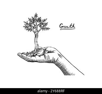 Hand mit goldenen Münzen stapeln mit Wachstumsbaum für Geschäftsinvestitionen. Wachstum von Geldpflanzen. Vektor-Clipart-Illustration. Skizze Linie und Tinte Stock Vektor