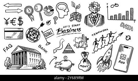 Business kritzelt handgezeichnete Symbole. Managementkonzept. Vektor-Clipart-Illustration. Skizze Linie und Tinte. Vintage-Style. Stock Vektor