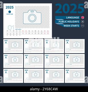 Schreibtischkalender 2025, zweiwöchiges Raster auf Englisch. Platz für Foto zur Illustration. Vektorvorlage. Stock Vektor