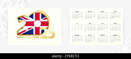 Horizontaler Taschenkalender 2025 in englischer Sprache. Silvester 2025-Symbol mit Flagge von Großbritannien. Vektorkalender. Stock Vektor