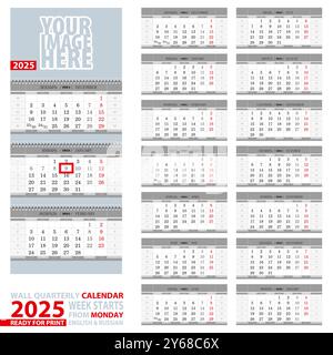 2025 Kalender, Design in grauer Farbe. Wand Quartalskalender 2025, Englisch und Russisch. Die Woche beginnt am Montag und kann gedruckt werden. Vektor-Illus Stock Vektor