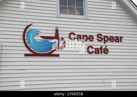 Cape Spear Cafe Schild an der Cape Spear Lighthouse National Historic Site in St. John's, Neufundland & Labrador, Kanada Stockfoto