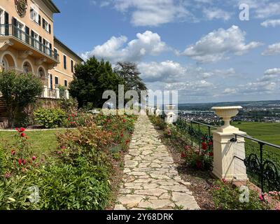 Vom Schloss Johannisberg hat man einen wunderschoenen Blick auf den Rheingau bis hinueber nach Rheinlandpfalz. Von Schloss Johannisberg haben Sie einen gewonnen Stockfoto