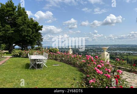 Vom Schloss Johannisberg hat man einen wunderschoenen Blick auf den Rheingau bis hinueber nach Rheinlandpfalz. Von Schloss Johannisberg haben Sie einen gewonnen Stockfoto