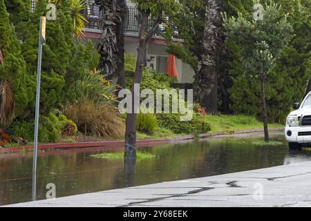 Bürgersteig und Straßenseite mit stehendem Wasser, überflutet nach starkem Regen. Gestörte Wohninfrastruktur. Stockfoto