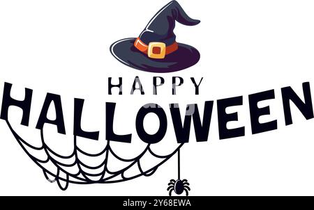 Halloween Charakter Vektor Hintergrund Design. Text mit Hut und Spinne im Internet. Halloween-Charaktere. Stock Vektor