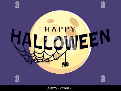 Halloween Vektor Hintergrund Design. Text mit Mond und Spinne im Web. Halloween-Schriftzug. Stock Vektor