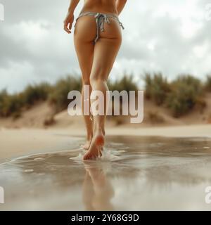 Blick auf die junge Frau, die im Bikini entlang des Strandes durch das Wasser geht – konzentrieren Sie sich auf Füße und Beine Stockfoto