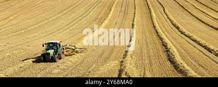 Traktor in Stoppelernte und Stroh drehen, Saalekreis, Sachsen-Anhalt, Deutschland, Europa Stockfoto