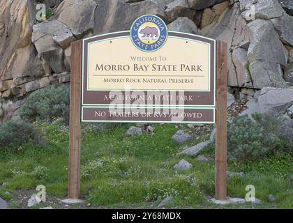 Morro Bay, CA - 2. Februar 2024: Nahaufnahme des Willkommensschilds im Morrow Bay State Park mit Morro Rock dahinter. Stockfoto