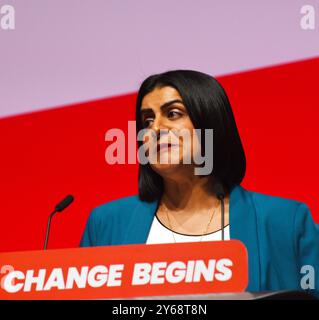 Liverpool, Großbritannien. September 2024. Shabana Mahmood Staatssekretärin für Justic und Lordkanzler in einer Rede auf der Labour Party Conference, Liverpool Credit: Della Batchelor/Alamy Live News Stockfoto