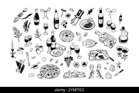 Minimalistisches Essen und Wein Linecat Vektorillustrationen Set. La Dolce vita-Stil. Mediterranes, griechisches und italienisches Restaurant im Hintergrund. Langsam Stock Vektor