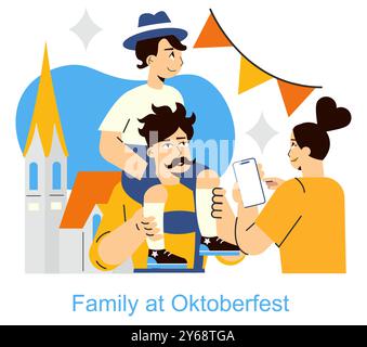 Oktoberfest-Konzept. Eine Familie genießt die festliche Atmosphäre mit traditionellem Bier und Kleidung. Feierliche Stimmung in München mit ikonischer Architektur. Vektorabbildung. Stock Vektor