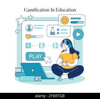 Bildungstrends Konzept. Gamification im Lernen wird durch eine spielerische digitale Oberfläche und einen engagierten Schüler gezeigt. Interaktive Online-Schulungswerkzeuge. Vektorabbildung. Stock Vektor