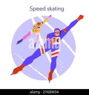 Wintersportkonzept. Zwei Athleten in dynamischen Posen rasen mit Entschlossenheit und Konzentration auf Eis. Illustration der winterlichen Aktivität. Vektorabbildung. Stock Vektor