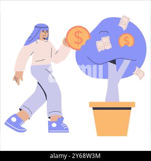 Investitionswachstumskonzept. Geschäftsmann pflegt einen Geldbaum, eine Metapher für finanziellen Erfolg und strategische Vermögensakkumulation. Vektorabbildung. Stock Vektor