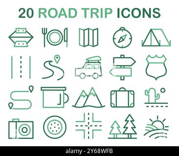 Symbole für Roadtrip eingestellt. Urlaub mit dem Auto. Autofahren in den Sommerferien, Reisen um die Welt. Illustration des flachen Vektors Stock Vektor