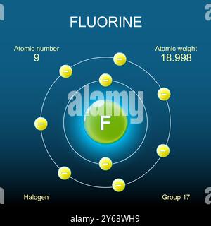 Die Struktur des Fluoratoms. Bohr-Modell des Atoms mit Kern, Orbital und Elektronen auf dunklem Hintergrund. Chemisches Element. Halogen. Organische Chemie. Vect Stock Vektor