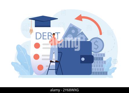 Studentenschulden. Junge Absolventen mit einer Finanzkrise. Finanzieller Bildungskredit. Zahlungsproblem nach Abschluss. Illustration des flachen Vektors Stock Vektor
