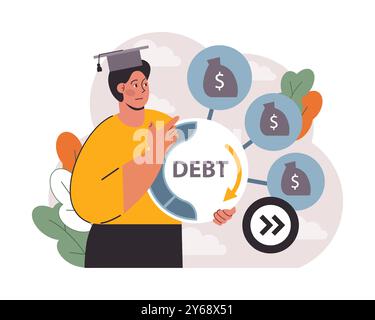 Studentenschulden. Junge Absolventen mit einer Finanzkrise. Finanzieller Bildungskredit. Zahlungsproblem nach Abschluss. Illustration des flachen Vektors Stock Vektor