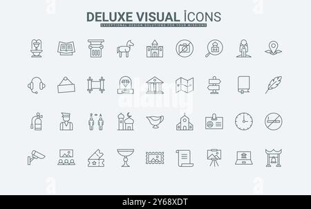 Skulptur, Statue und Bildersammlung dünner schwarzer Umrisssymbole Vektorillustration. Ausstellung und Gebäude des Stadtmuseums, historische Galerie mit Kultur und Geschichte, archäologische Linien-Ikonen gesetzt. Stock Vektor