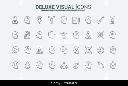 Menschliche Köpfe mit Piktogrammen von Gang und Zeit, Warnschild und Glühbirne, Gehirngesundheit und KI Roboter dünne schwarze Umrisssymbole Vektorillustration. Denkprozess, Psychologie-Linien-Symbole gesetzt. Stock Vektor