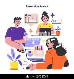 Coworking Space. Gemeinsame Arbeitsumgebung. Charaktere, die an den Computern im Großraumbüro arbeiten. Freelancer mit Laptops. Illustration des flachen Vektors Stock Vektor