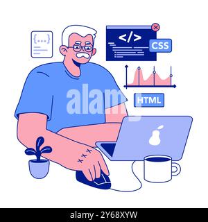 Leitender Entwickler. Oldman Programmierung und Codierung. Entwicklung und Pflege von Website und App. Oldster IT-Spezialist, der in Server- und Datenverarbeitungszentren arbeitet. Illustration des flachen Vektors Stock Vektor