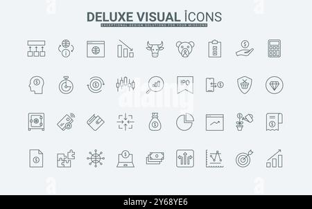 Aktualisierung und Schutz von Finanzdaten, Überwachung des Wachstums von Kerzenleuchtern, Bullen und Bären dünne schwarze Umrisssymbole Vektorillustration. Börsenhandel, Sicherheitssymbole für Geldbörsen. Stock Vektor