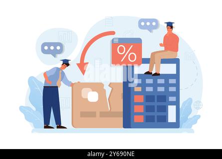 Studentenschulden. Junge Absolventen mit einer Finanzkrise. Finanzieller Bildungskredit. Zahlungsproblem nach Abschluss. Illustration des flachen Vektors Stock Vektor