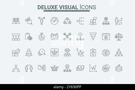Organisation des Geschäftsteams, Erfolgsalgorithmus und Prozeduren dünne schwarze Umrisssymbole Vektorillustration. Projektmanagement, Unternehmensinfrastruktur für Produktivitätssteigerungslinien. Stock Vektor