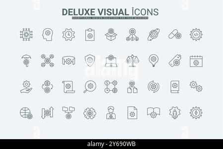 Geschäftsoptimierung und Produktivität, Modifikation mit Zahnrädern, dünne schwarze Umrisssymbole Vektorillustration. Einstellungen und Steuerung des Systembetriebs, Zeilensymbole mit Gängen. Stock Vektor