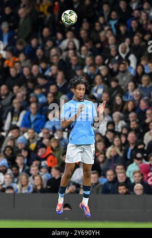 Kaden Braithwaite aus Manchester City führt den Ball während des Carabao Cup-Spiels Manchester City gegen Watford im Etihad Stadium, Manchester, Großbritannien, 24. September 2024 (Foto: Cody Froggatt/News Images) Stockfoto