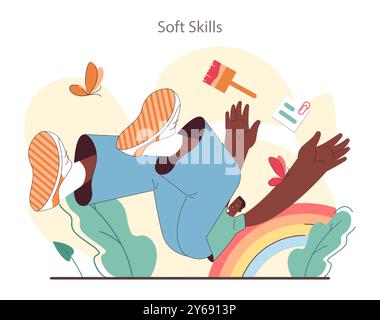 Soft Skills. Mitarbeiter mit Kommunikationsfähigkeit und effektiver Teamarbeit. Kritisches Denken und Anpassungsfähigkeit. Selbstentwicklung für Karriereentwicklung. Illustration des flachen Vektors Stock Vektor