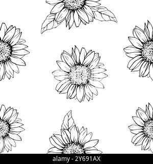 Nahtloses Muster mit Blumen Sonnenblumen im Line Art Stil. Vektor Herbst Ornament mit Kamille bemalt von schwarzen Tinten. Handgezeichnete Gravur Bouquet Stock Vektor