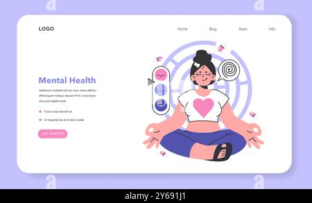 Geistiges Wohlbefinden oder Gesundheit. Ruhige Emotionen und Glücksgefühle. Frau in Yoga- und Meditationsposen. Psychologische Entgiftung. Selbstpflegeplan. Illustration des flachen Vektors Stock Vektor