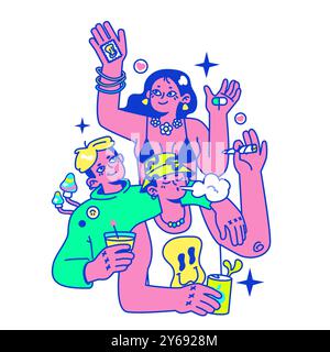 Psychedelic Trip Party. Rave Camp. Charaktere tanzen und rauchen Gras auf dem Festivalcamping. Cannabist selbstgerollte Zigarette oder Joint. Illustration des flachen Vektors Stock Vektor