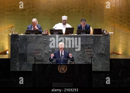 New York City, Usa. September 2024. U. US-Präsident Joe Biden spricht während der Generalversammlung der Vereinten Nationen am 24. September 2024 in New York City, New York. Quelle: Chuck Kennedy/State Department Photo/Alamy Live News Stockfoto