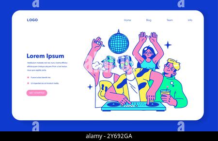 Webbanner oder Landing-Page für psychedelische Reisepartys. Rave Camp. Charaktere tanzen und trinken Alkohol, nehmen Drogen, Pilze und rauchen Gras auf dem Festivalcamping. Illustration des flachen Vektors Stock Vektor