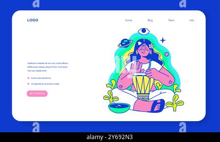Webbanner oder Landing-Page für psychedelische Reisepartys. Rave Camp. Charakter trinkt Alkohol, nimmt Drogen, Pilze und raucht Gras auf dem Festivalcamping. Illustration des flachen Vektors Stock Vektor