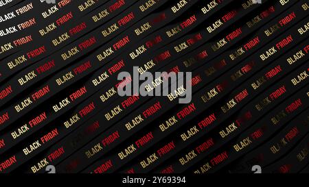 Black Friday Sale 3D-Illustration, winkende schwarze Bänder mit schwarzem freitag-Text. Einkaufsangebot Geschäftskonzept. Hintergrund der Verkaufswerbung. Stockfoto
