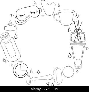 Handgemachte Lavendelkosmetik, Gläser, Kerzen, Aroma, Seife, Salze, Dekorationen, Bögen, Blumen, Aufbewahrungskörbe. Handgezeichnete Illustration mit grafischer Linie Stock Vektor