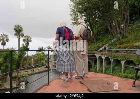 Ungestörtes älteres Paar, das die malerische Aussicht auf die Gärten von monte Palace genießt und die Schönheit der Natur und Ruhe genießt Stockfoto