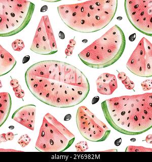 Nahtloses Muster Für Wassermelonen. Aquarellillustration von Fruchtschmuck mit Melonen- und Sommerdesserts auf isoliertem Hintergrund. Speisen im Hintergrund Stockfoto